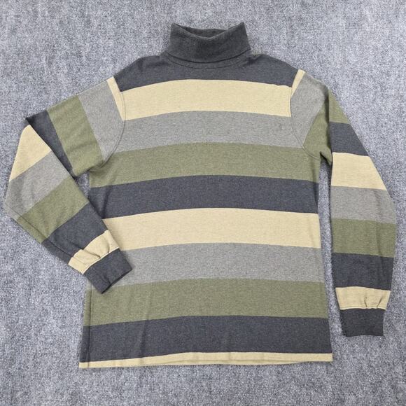 Vintage Lands End Sweater Mens Large Green Gray Stripe Turtleneck Cotton USA 90s - Picture 1 of 15